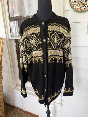 Vintage 50s Womens Nordstrikk Norway Cardigan Black Tan Size L